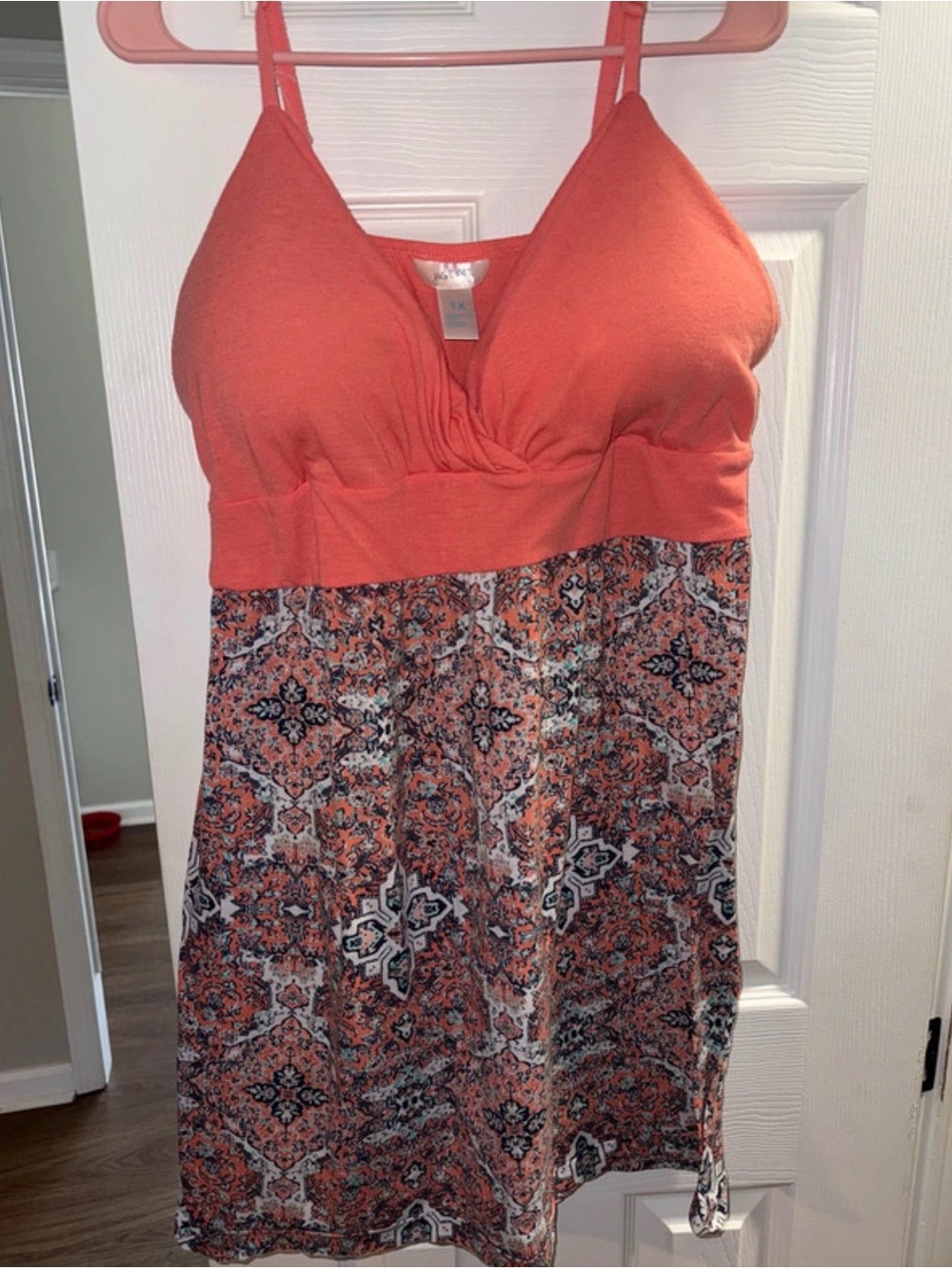 just be Coral and Navy Patterned Swim Coverup Dress